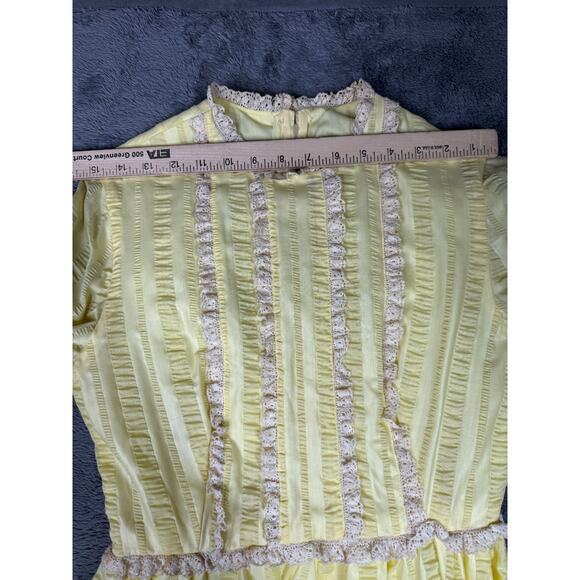 Vintage Prairie Maxi Dress Yellow Lace Trim Long Sleeve Romantic 80s Cottagecore - Picture 5 of 13